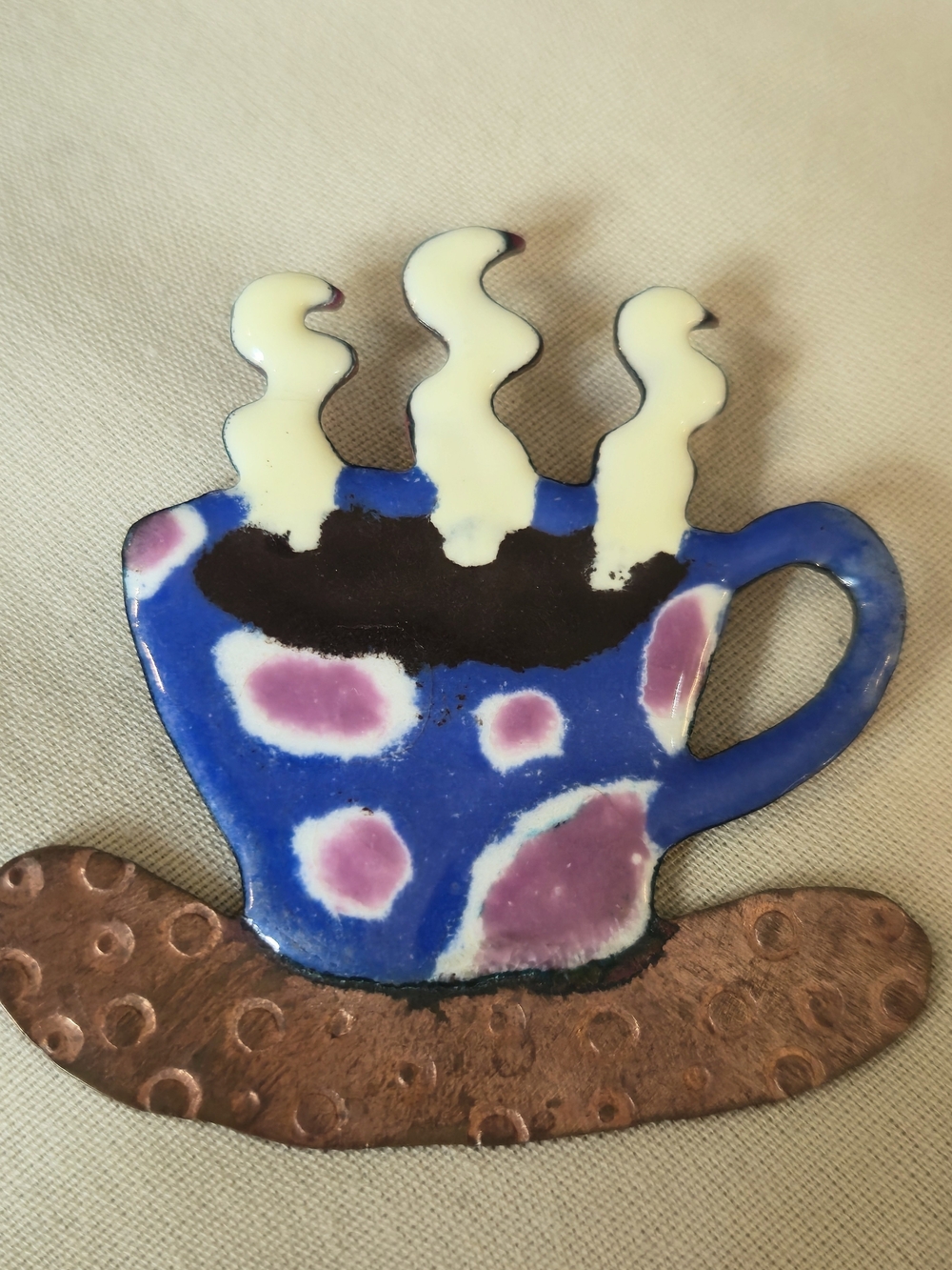 Handcrafted Blue and Purple Enamel Coffee Cup Brooch
